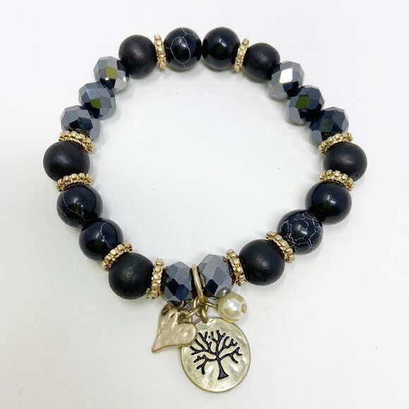 Black Beaded Stretch Bracelet w/Tree, Heart & Pearl Charms - Picture 1 of 4
